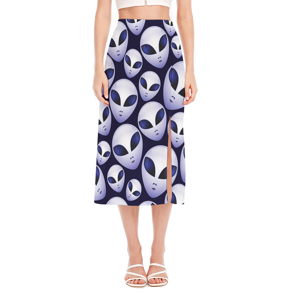 Grey Alien Face Pattern Print Side Slit Midi Skirt