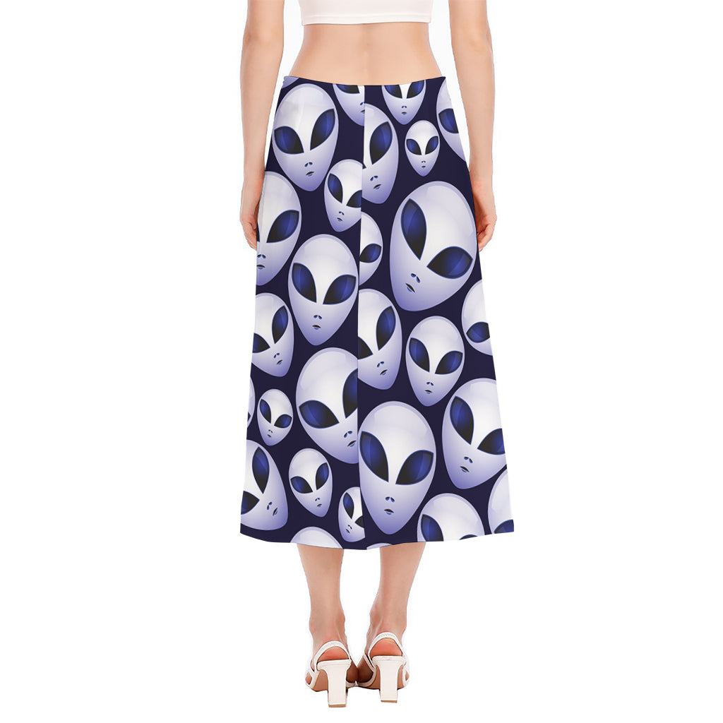 Grey Alien Face Pattern Print Side Slit Midi Skirt