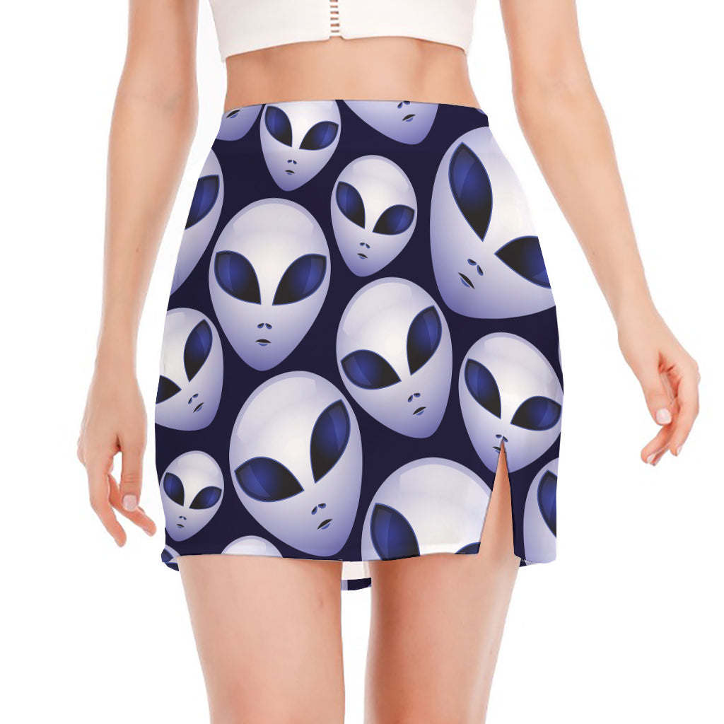 Grey Alien Face Pattern Print Side Slit Mini Skirt