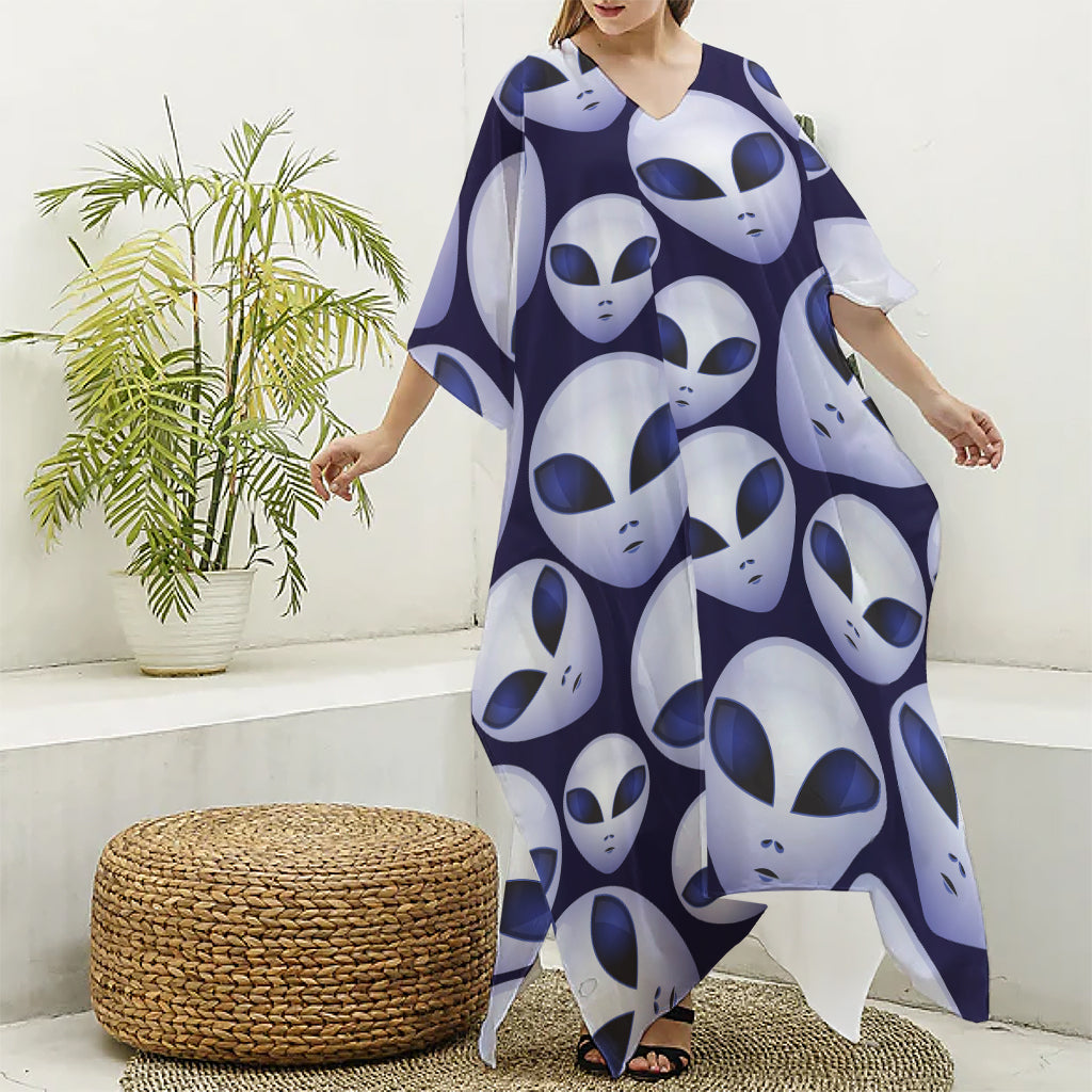 Grey Alien Face Pattern Print Silk V-Neck Kaftan Dress