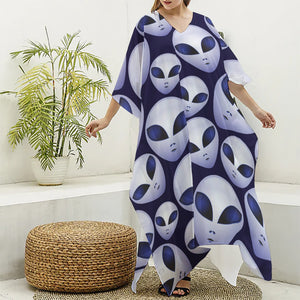 Grey Alien Face Pattern Print Silk V-Neck Kaftan Dress