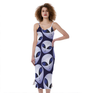 Grey Alien Face Pattern Print Slim Fit Midi Cami Dress