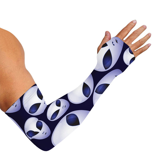 Grey Alien Face Pattern Print Sun Protection Arm Sleeves