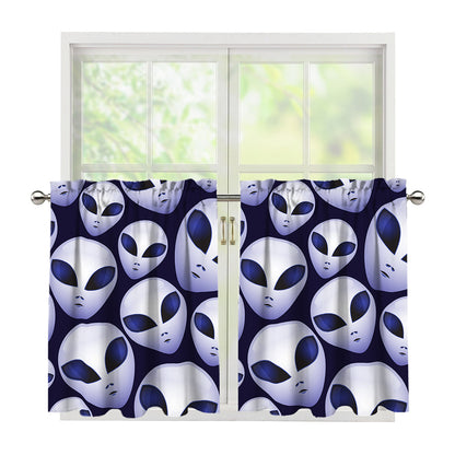 Grey Alien Face Pattern Print Tier Curtains