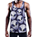 Grey Alien Face Pattern Print Men's Workout Tank Top