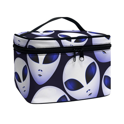 Grey Alien Face Pattern Print Travel Makeup Bag
