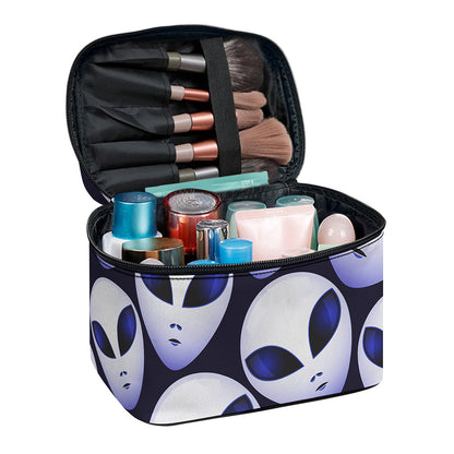 Grey Alien Face Pattern Print Travel Makeup Bag