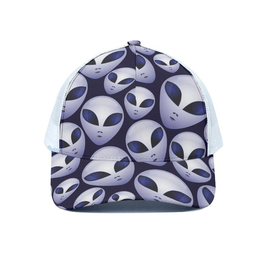 Grey Alien Face Pattern Print White Mesh Trucker Cap
