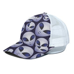 Grey Alien Face Pattern Print White Mesh Trucker Cap