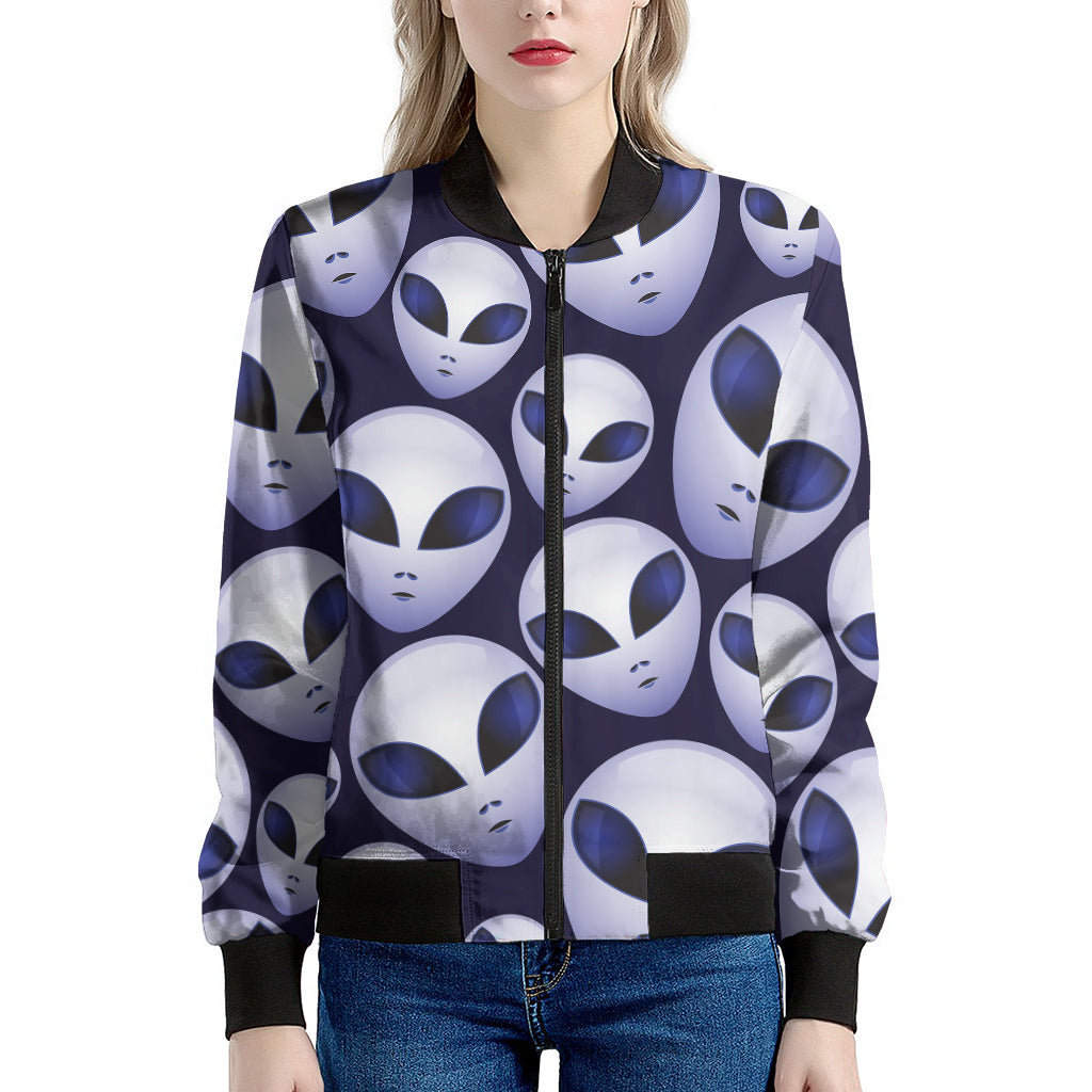 Grey Alien Face Pattern Print Women's Bomber Jacket