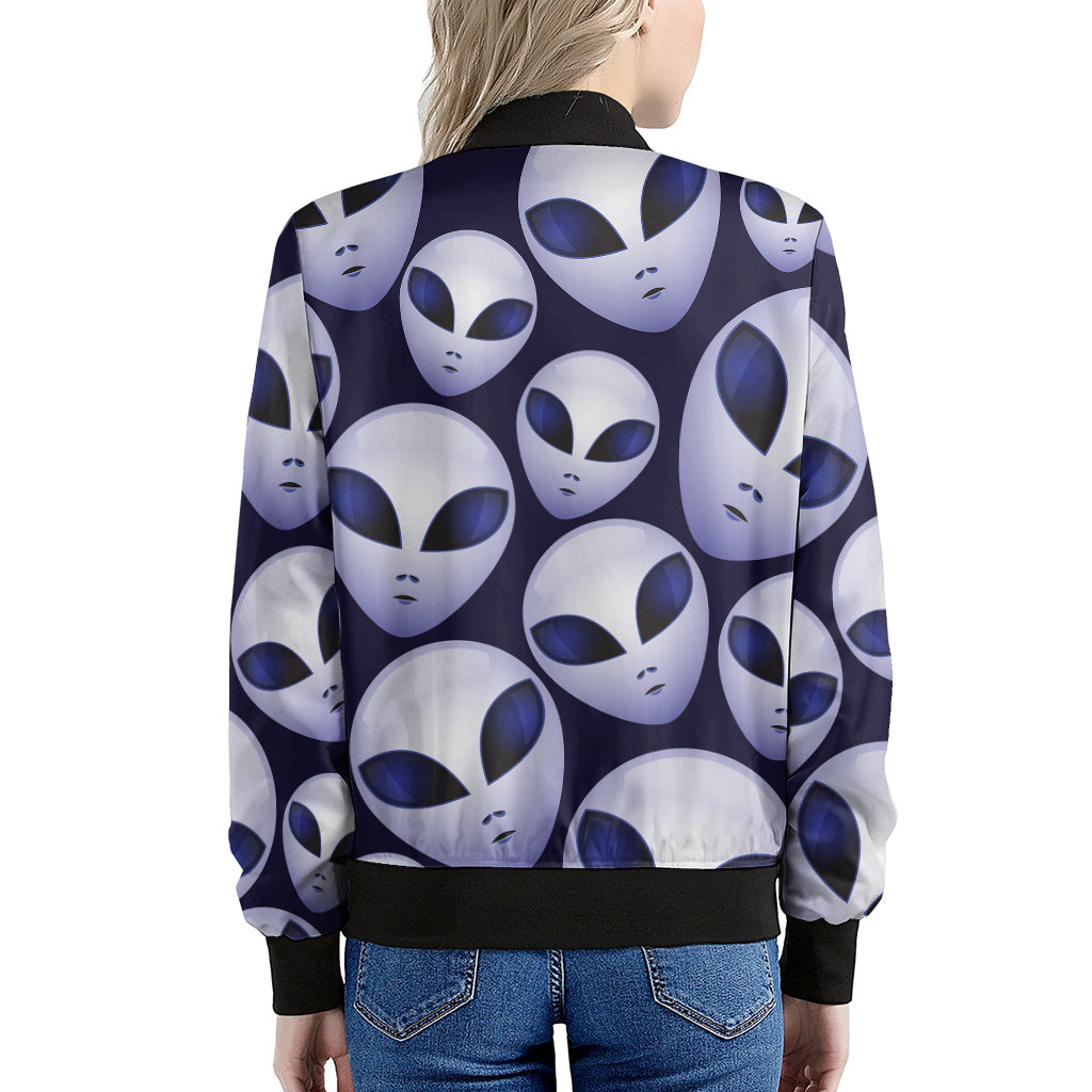 Grey Alien Face Pattern Print Women's Bomber Jacket