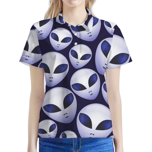 Grey Alien Face Pattern Print Women's Polo Shirt