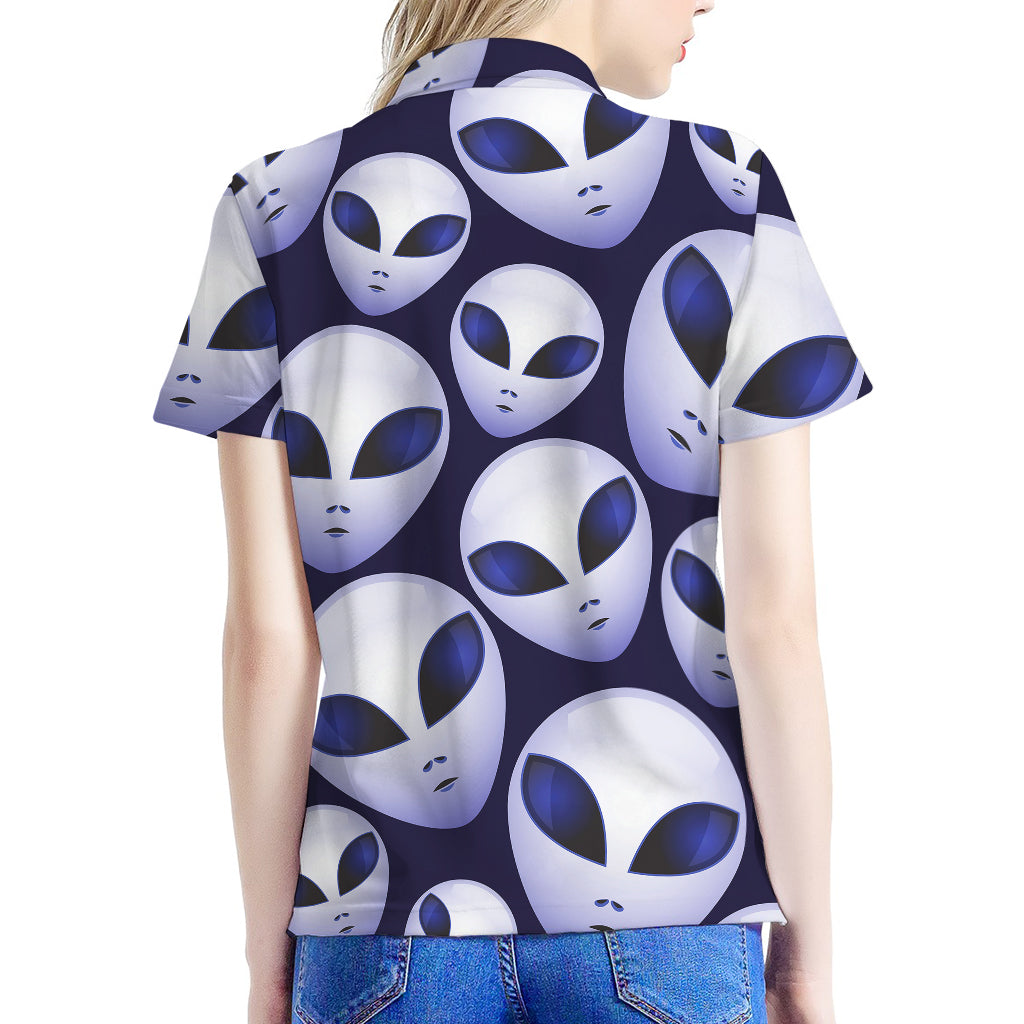 Grey Alien Face Pattern Print Women's Polo Shirt