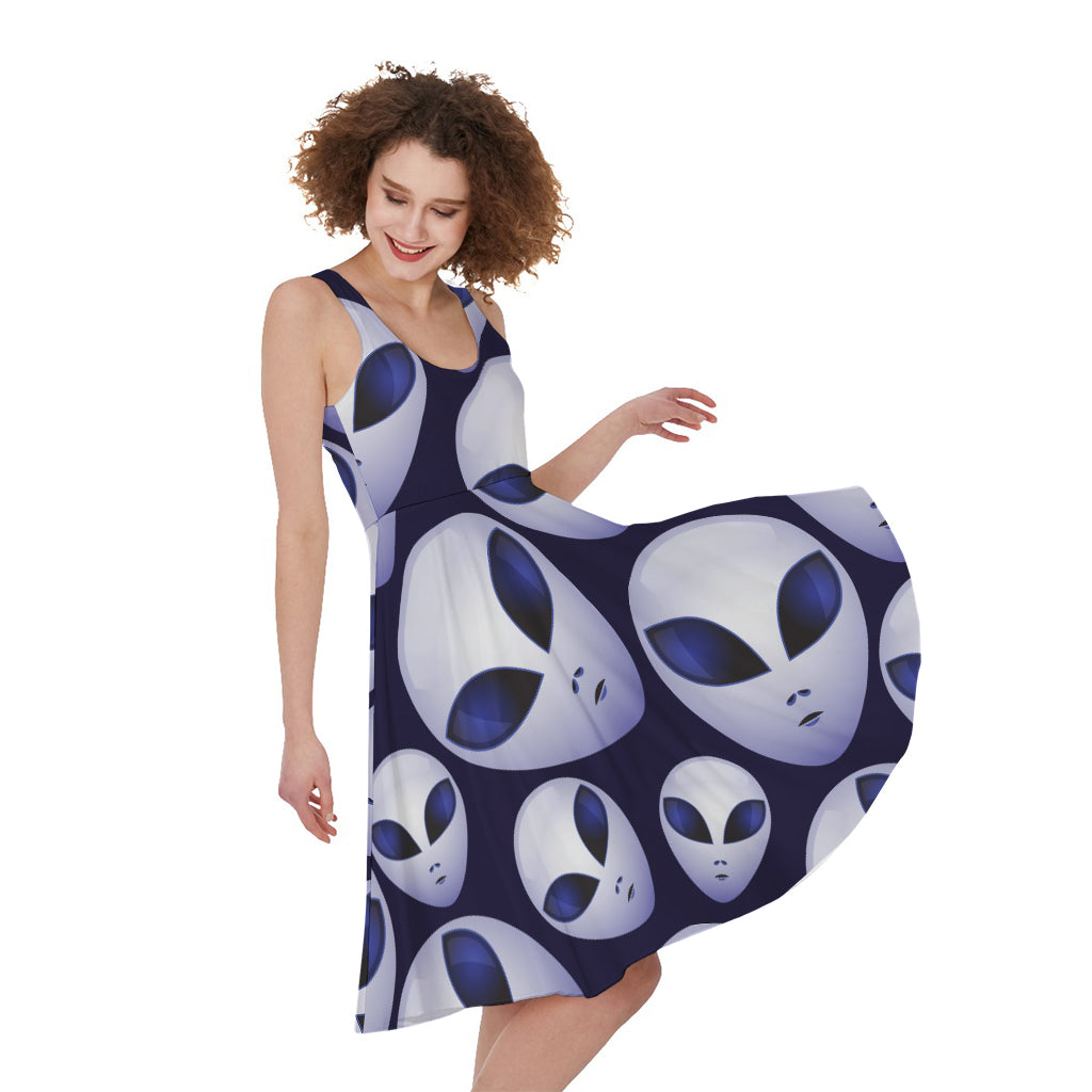 Grey Alien Face Pattern Print Women's Sleeveless Dress