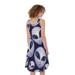 Grey Alien Face Pattern Print Women's Sleeveless Dress