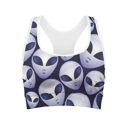 Grey Alien Face Pattern Print Women's Sports Bra