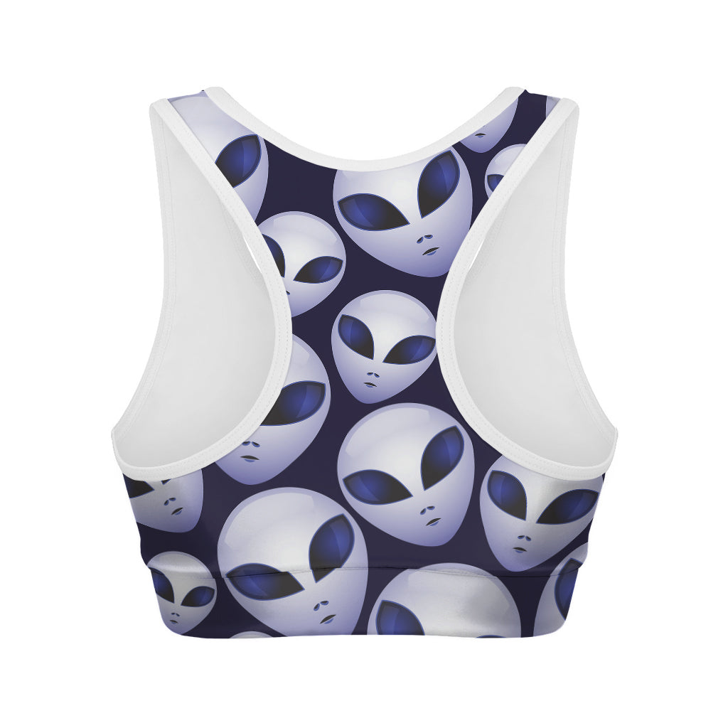 Grey Alien Face Pattern Print Women's Sports Bra