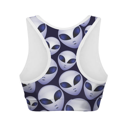 Grey Alien Face Pattern Print Women's Sports Bra