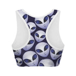 Grey Alien Face Pattern Print Women's Sports Bra