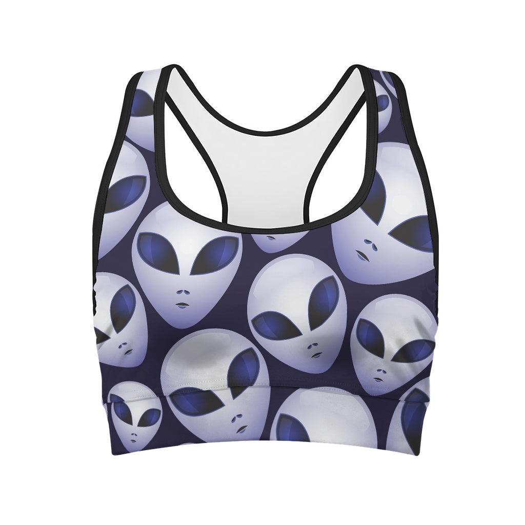 Grey Alien Face Pattern Print Women's Sports Bra