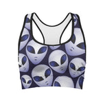 Grey Alien Face Pattern Print Women's Sports Bra