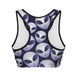 Grey Alien Face Pattern Print Women's Sports Bra