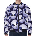 Grey Alien Face Pattern Print Zip Sleeve Bomber Jacket