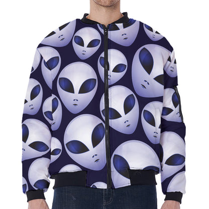 Grey Alien Face Pattern Print Zip Sleeve Bomber Jacket