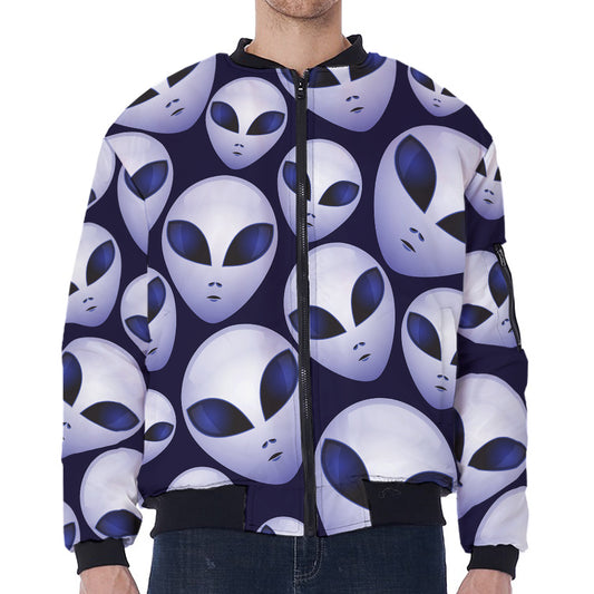 Grey Alien Face Pattern Print Zip Sleeve Bomber Jacket
