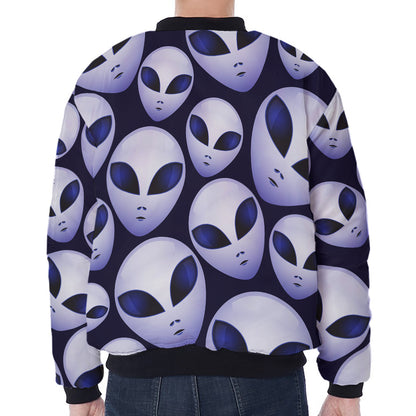 Grey Alien Face Pattern Print Zip Sleeve Bomber Jacket
