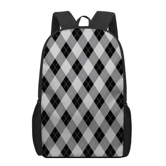 Grey And Black Argyle Pattern Print 17 Inch Backpack