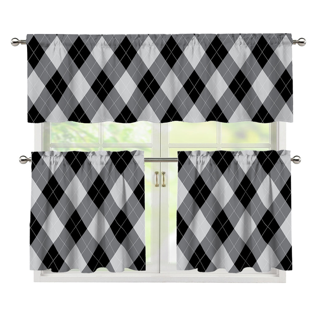 Grey And Black Argyle Pattern Print 3 Piece Kitchen Curtains