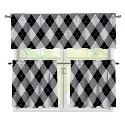 Grey And Black Argyle Pattern Print 3 Piece Kitchen Curtains