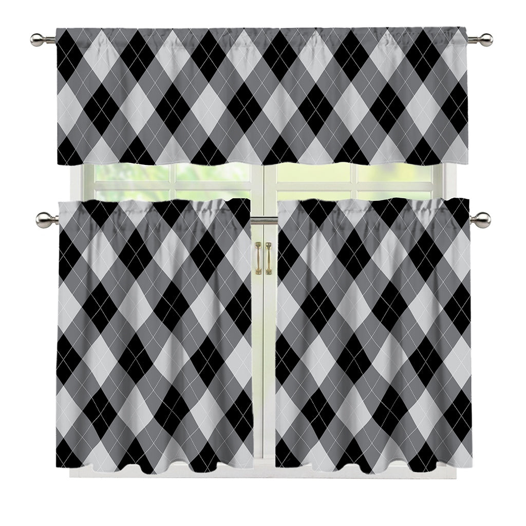 Grey And Black Argyle Pattern Print 3 Piece Kitchen Curtains