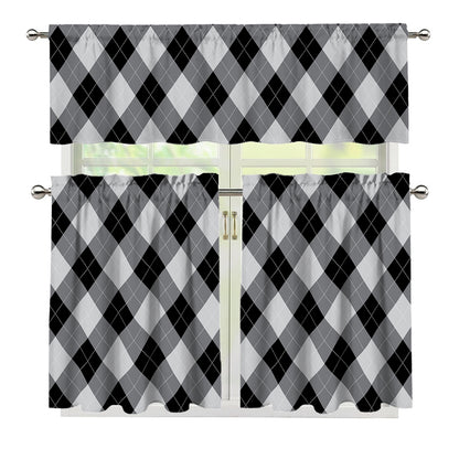 Grey And Black Argyle Pattern Print 3 Piece Kitchen Curtains