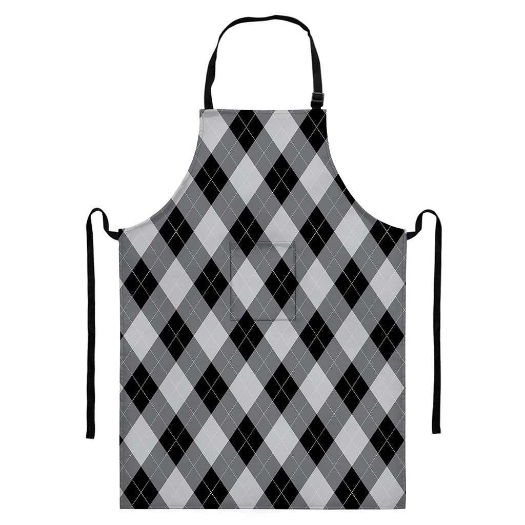 Grey And Black Argyle Pattern Print Bib Apron With Pocket