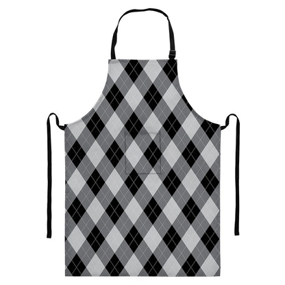 Grey And Black Argyle Pattern Print Bib Apron With Pocket