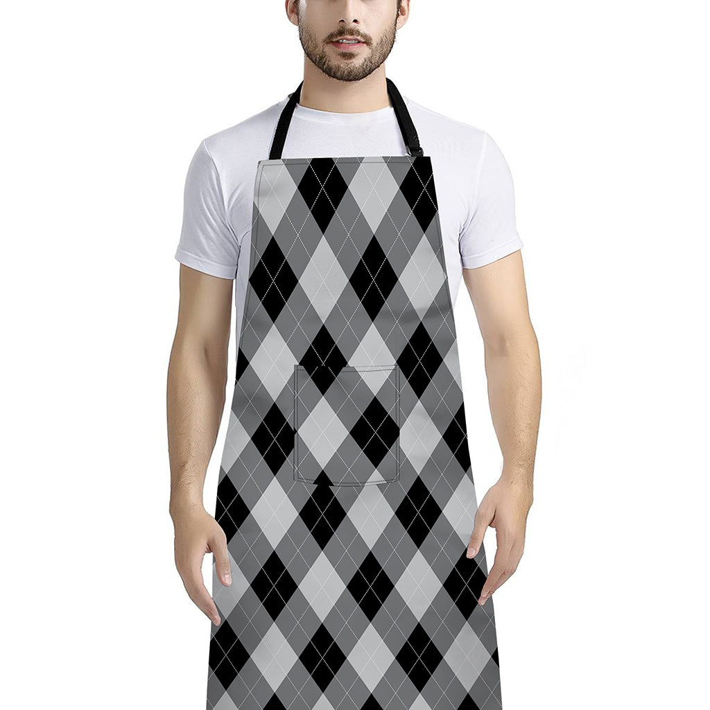 Grey And Black Argyle Pattern Print Bib Apron With Pocket