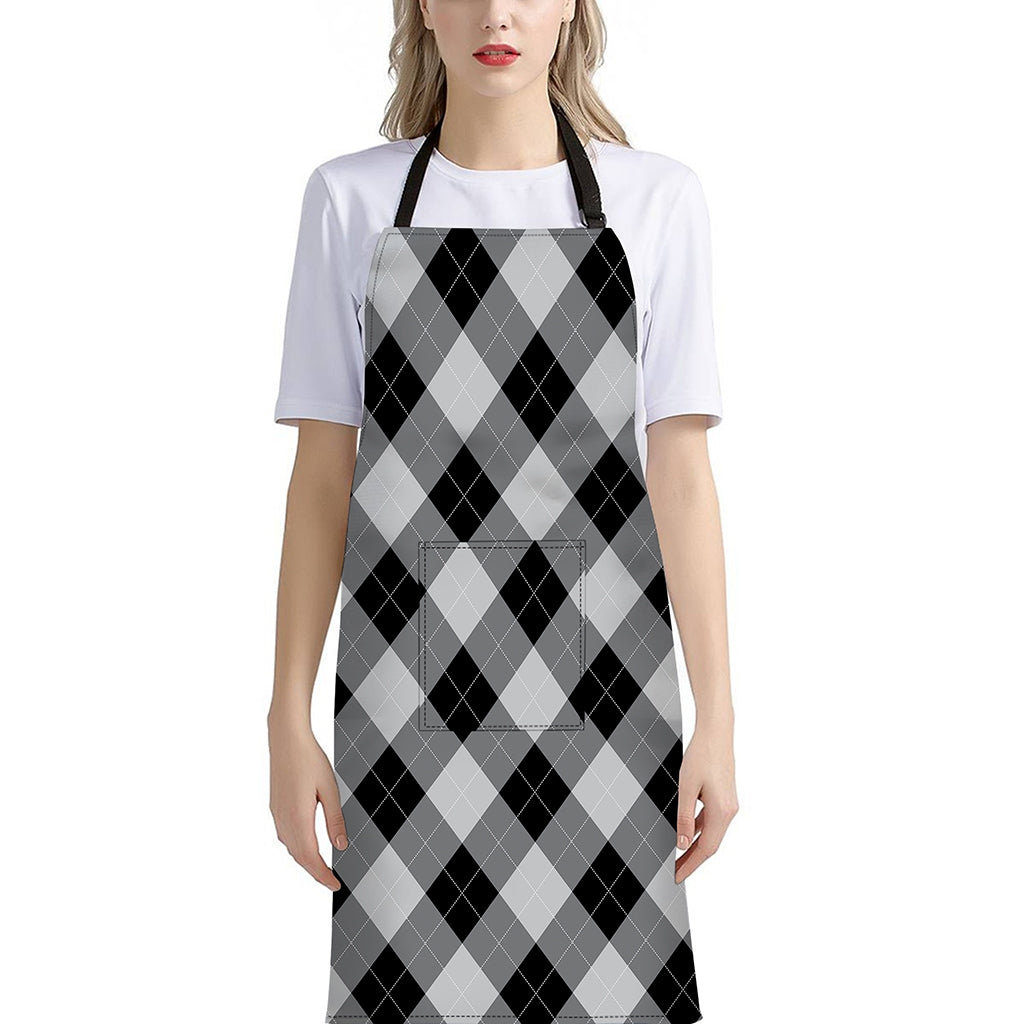 Grey And Black Argyle Pattern Print Bib Apron With Pocket