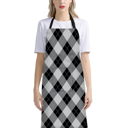 Grey And Black Argyle Pattern Print Bib Apron With Pocket