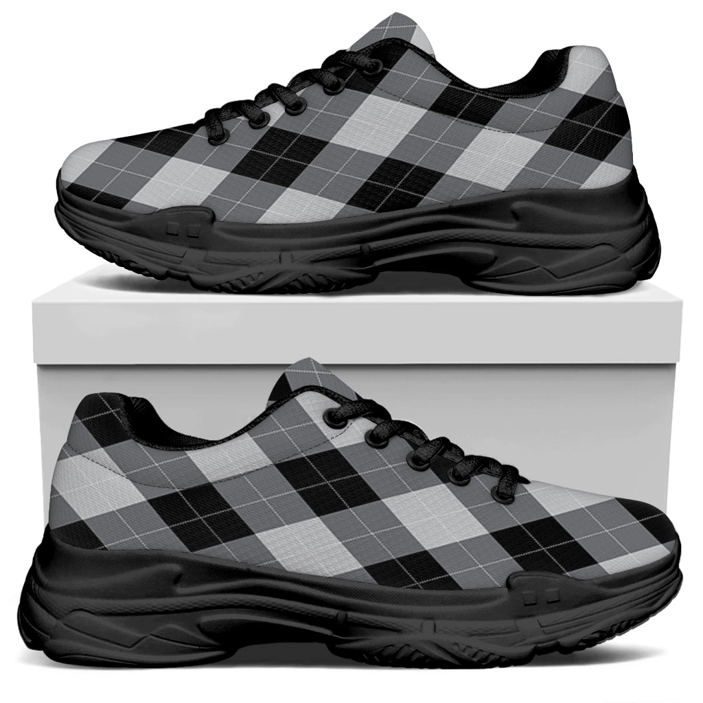 Grey And Black Argyle Pattern Print Black Chunky Shoes