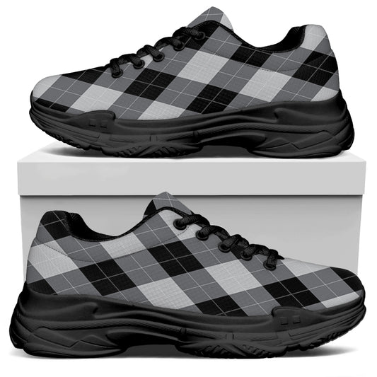Grey And Black Argyle Pattern Print Black Chunky Shoes