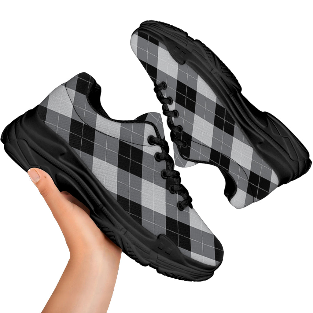 Grey And Black Argyle Pattern Print Black Chunky Shoes