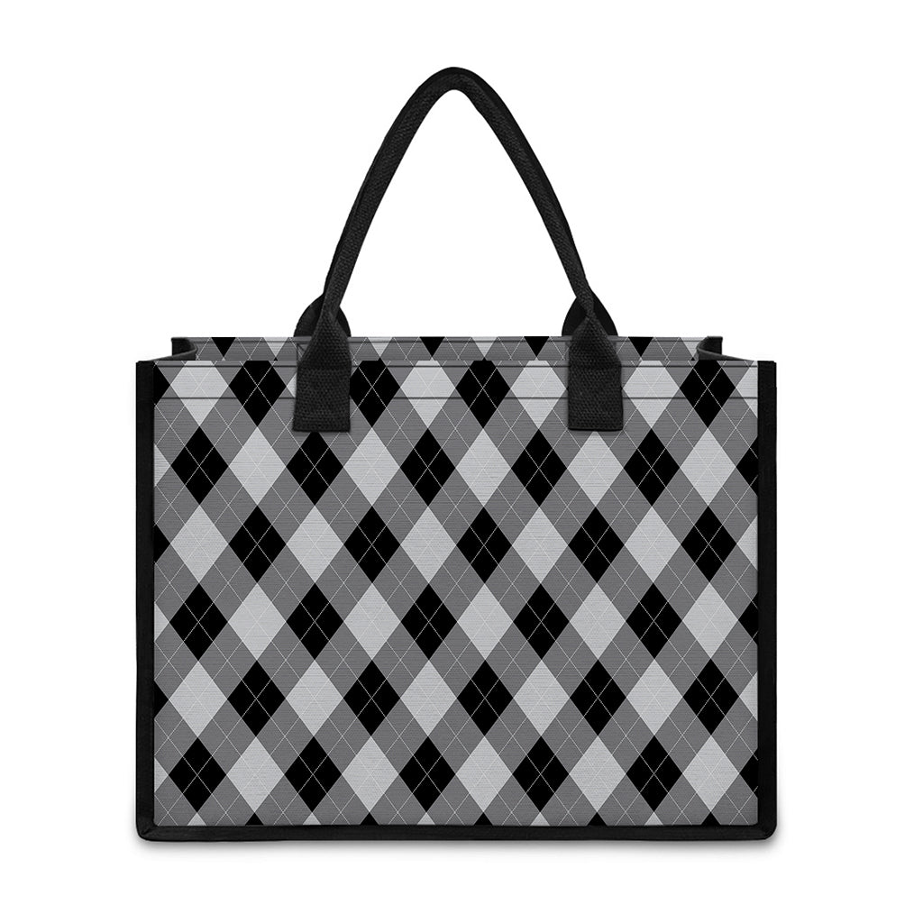 Grey And Black Argyle Pattern Print Canvas Tote Bag