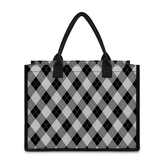 Grey And Black Argyle Pattern Print Canvas Tote Bag