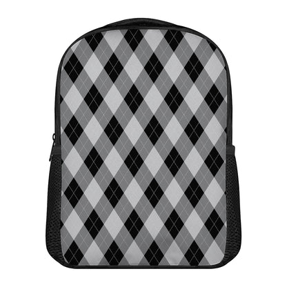 Grey And Black Argyle Pattern Print Casual Backpack