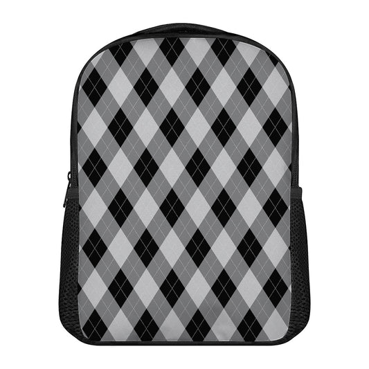 Grey And Black Argyle Pattern Print Casual Backpack