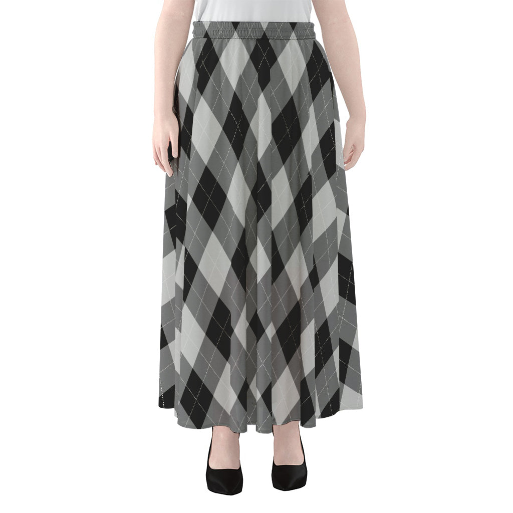 Grey And Black Argyle Pattern Print Chiffon Maxi Skirt