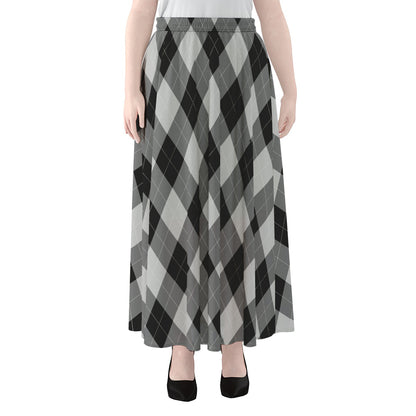 Grey And Black Argyle Pattern Print Chiffon Maxi Skirt