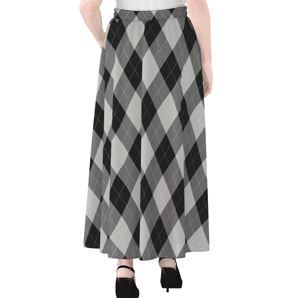 Grey And Black Argyle Pattern Print Chiffon Maxi Skirt